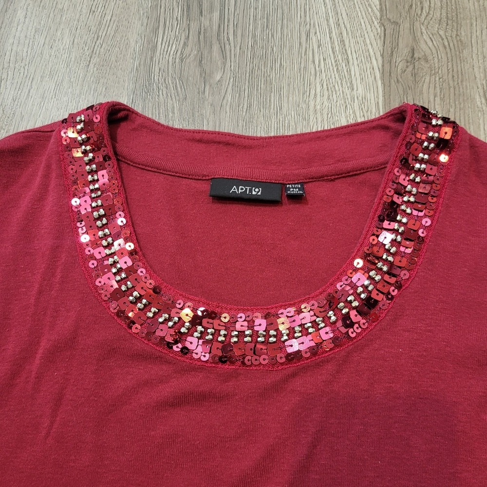 Apt. 9 Petite M Women's Long Sleeve Blouse Sequins /Beaded Cherry Red - Picture 2 of 10